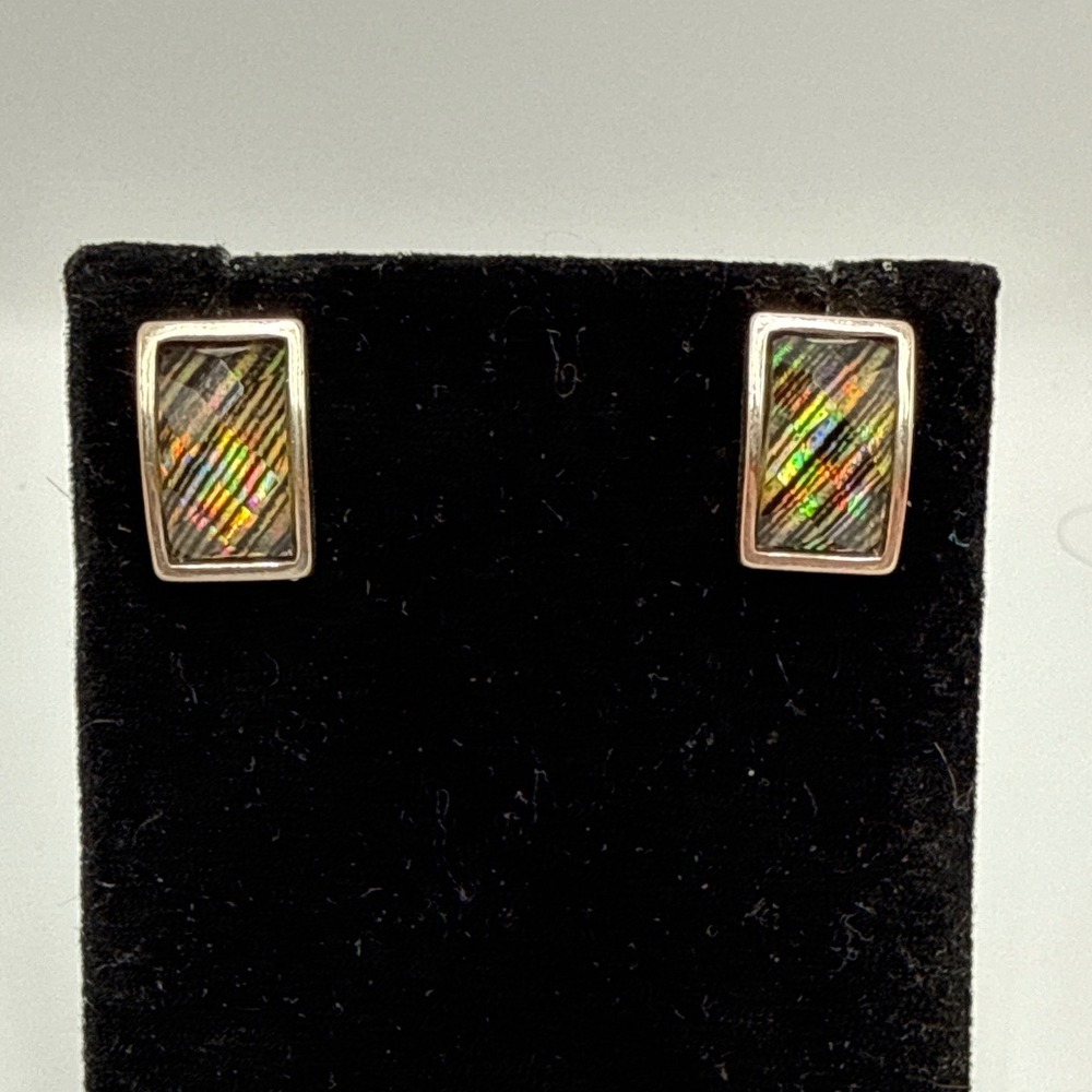 Vintage‎ Iridescent Striped Inlay Rectangular Stud Earrings Silver Tone Multi